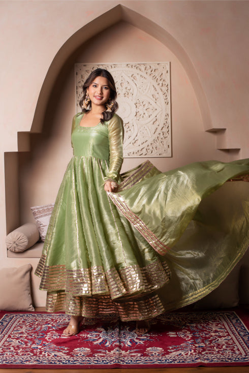 Pomcha Jaipur Ghazal Green Cosmos Silk Gota Patti Anarkali Set With Cosmos Silk Dupatta